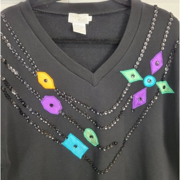 Vintage DEBRA MARTIN Black Embroidered Button Beading Pullover Sweater L - Picture 3 of 10
